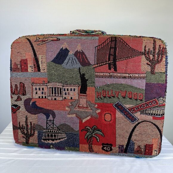 Vintage Samsonite Suitcase Custom Tapestry Americana Landmarks Folk Luggage MCM - Picture 1 of 16